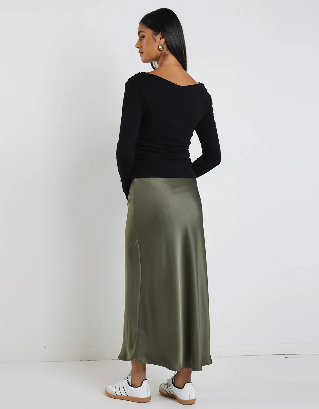 Rosette Satin Bias Midi Skirt - Khaki - Image 4