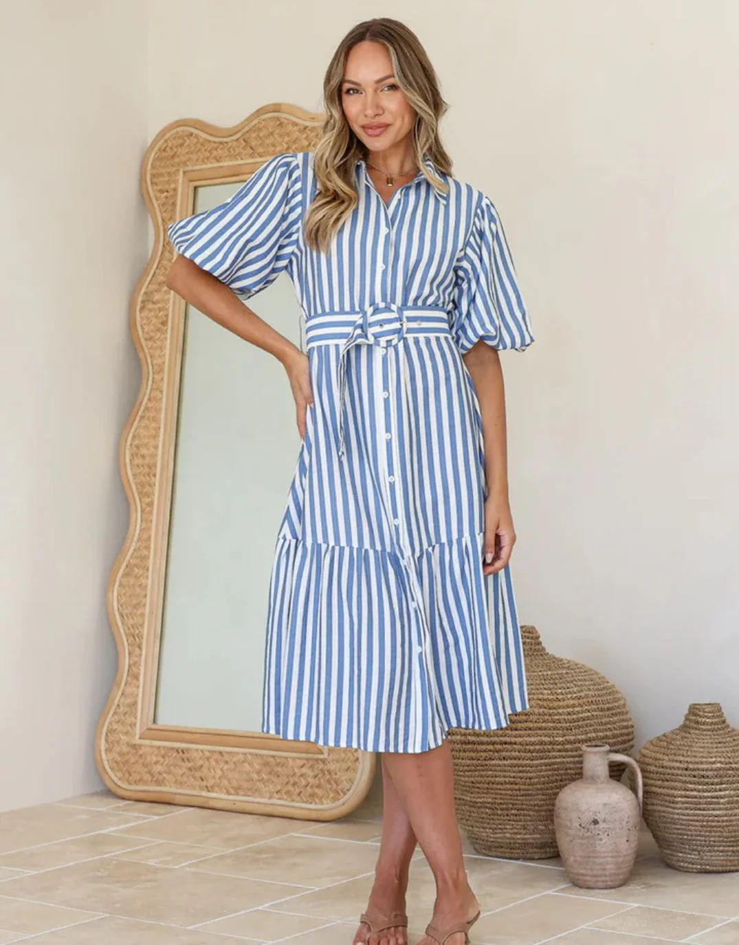 Sabine Stripe Belted Dress - Blue/White