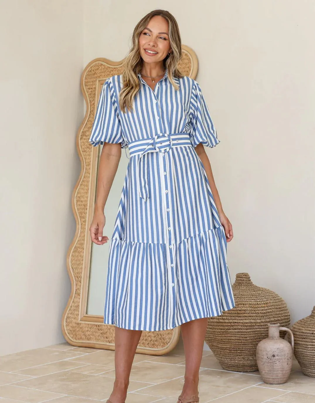 Sabine Stripe Belted Dress - Blue/White - Image 2
