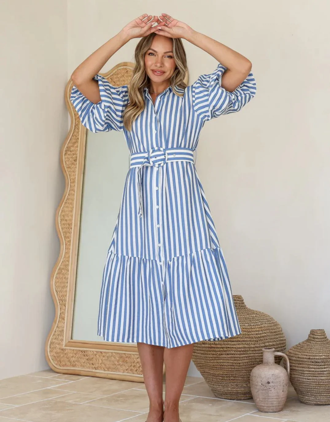Sabine Stripe Belted Dress - Blue/White - Image 3