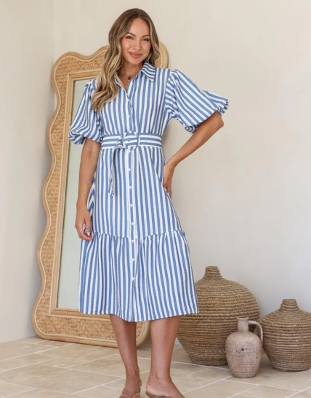 Sabine Stripe Belted Dress - Blue/White - Image 4