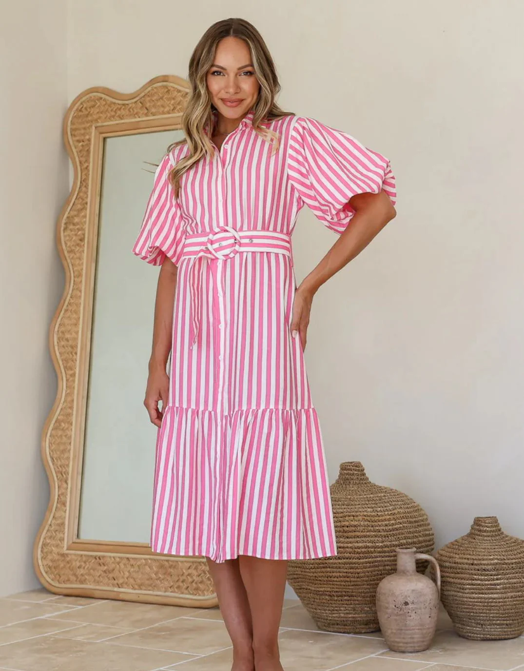 Sabine Stripe Belted Dress - Pink/White - Image 3