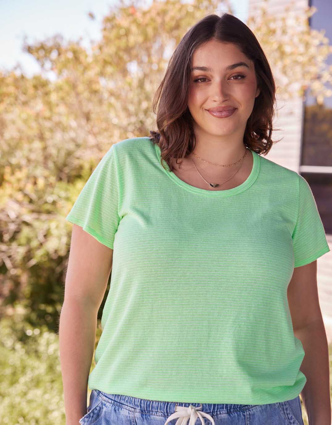 Sorbet Stripe Round Neck Tee - Neon Green