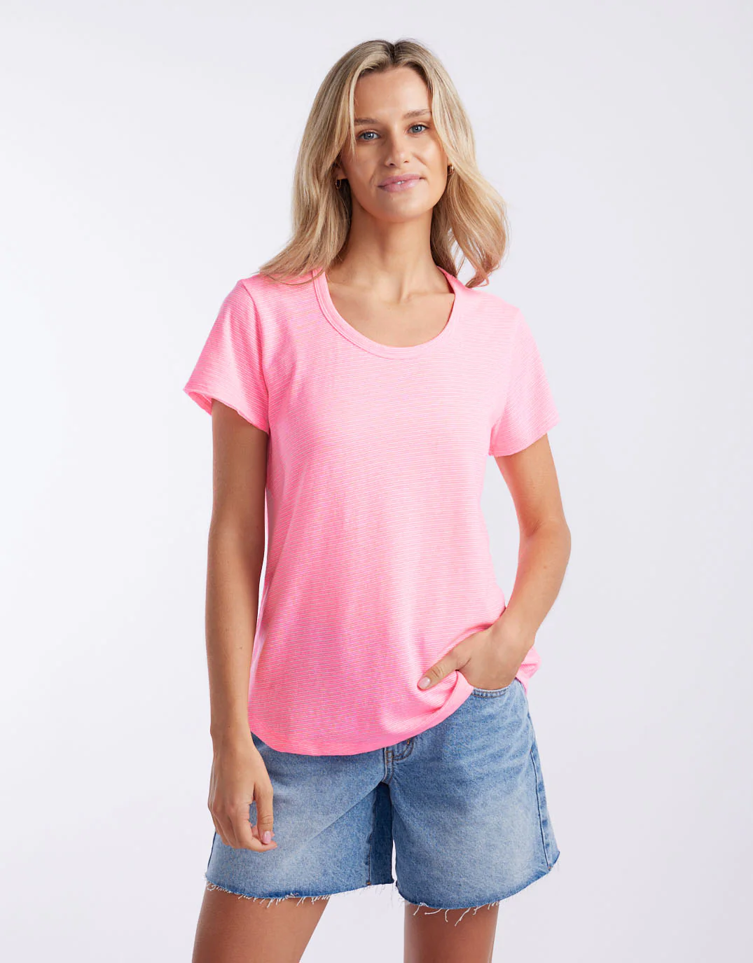 Sorbet Stripe Round Neck Tee - Neon Pink