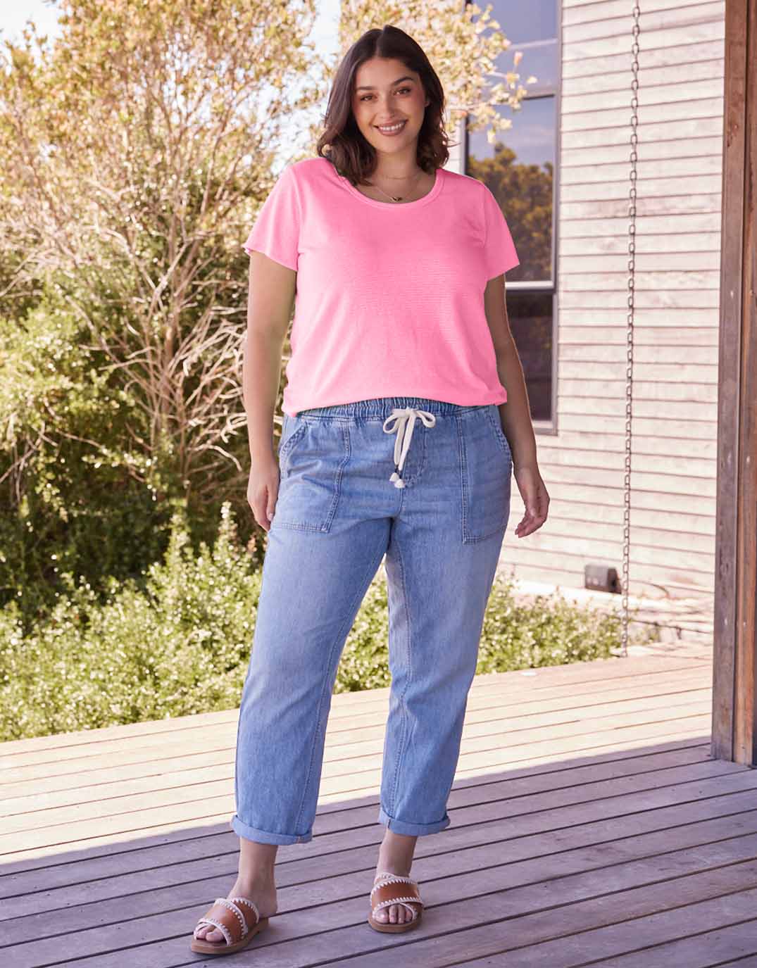 Sorbet Stripe Round Neck Tee - Neon Pink - Image 2