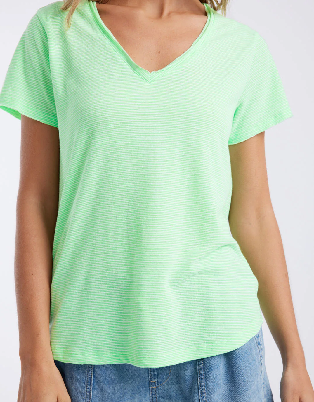 Sorbet Stripe Vee Neck Tee - Neon Green - Image 4
