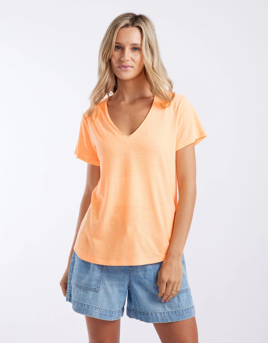 Sorbet Stripe Vee Neck Tee - Neon Orange