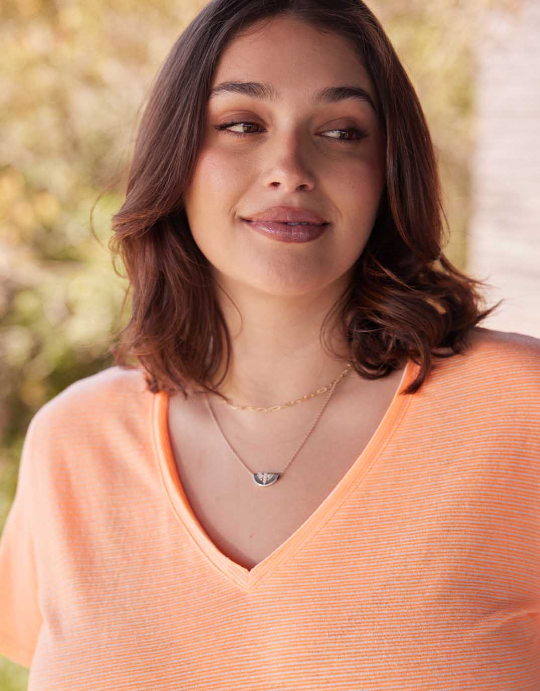 Sorbet Stripe Vee Neck Tee - Neon Orange - Image 2