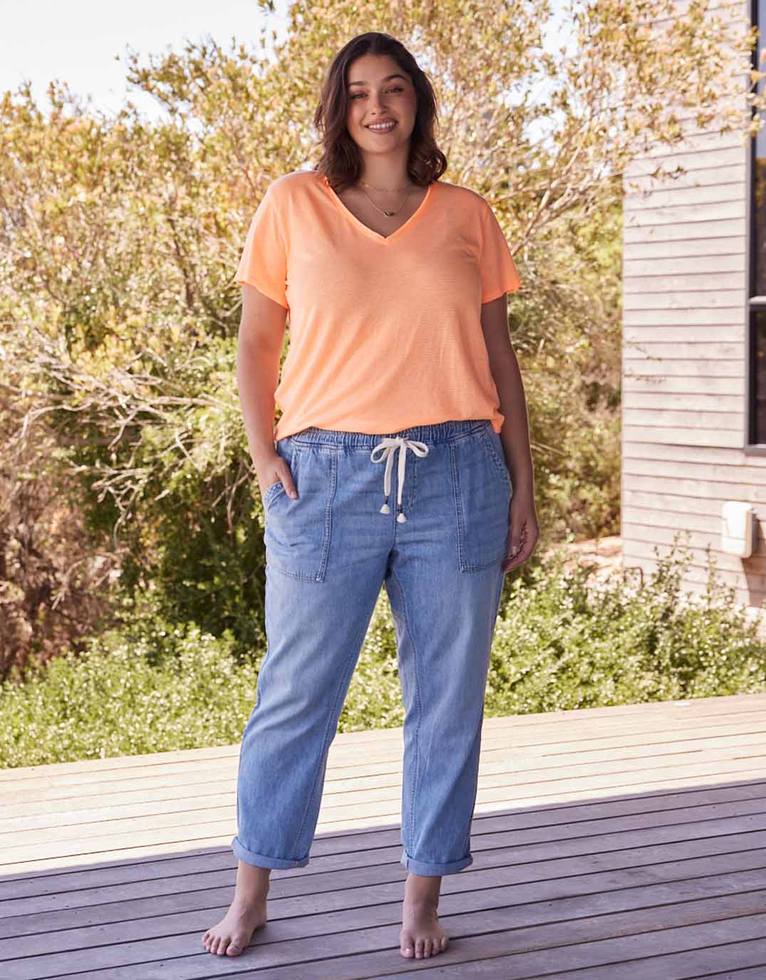 Sorbet Stripe Vee Neck Tee - Neon Orange - Image 3