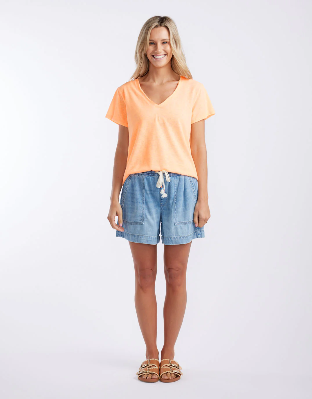 Sorbet Stripe Vee Neck Tee - Neon Orange - Image 6