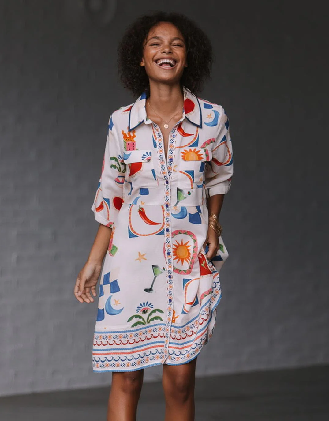 Spicy Margarita Shirt Dress - White/Red/Cobalt Multi