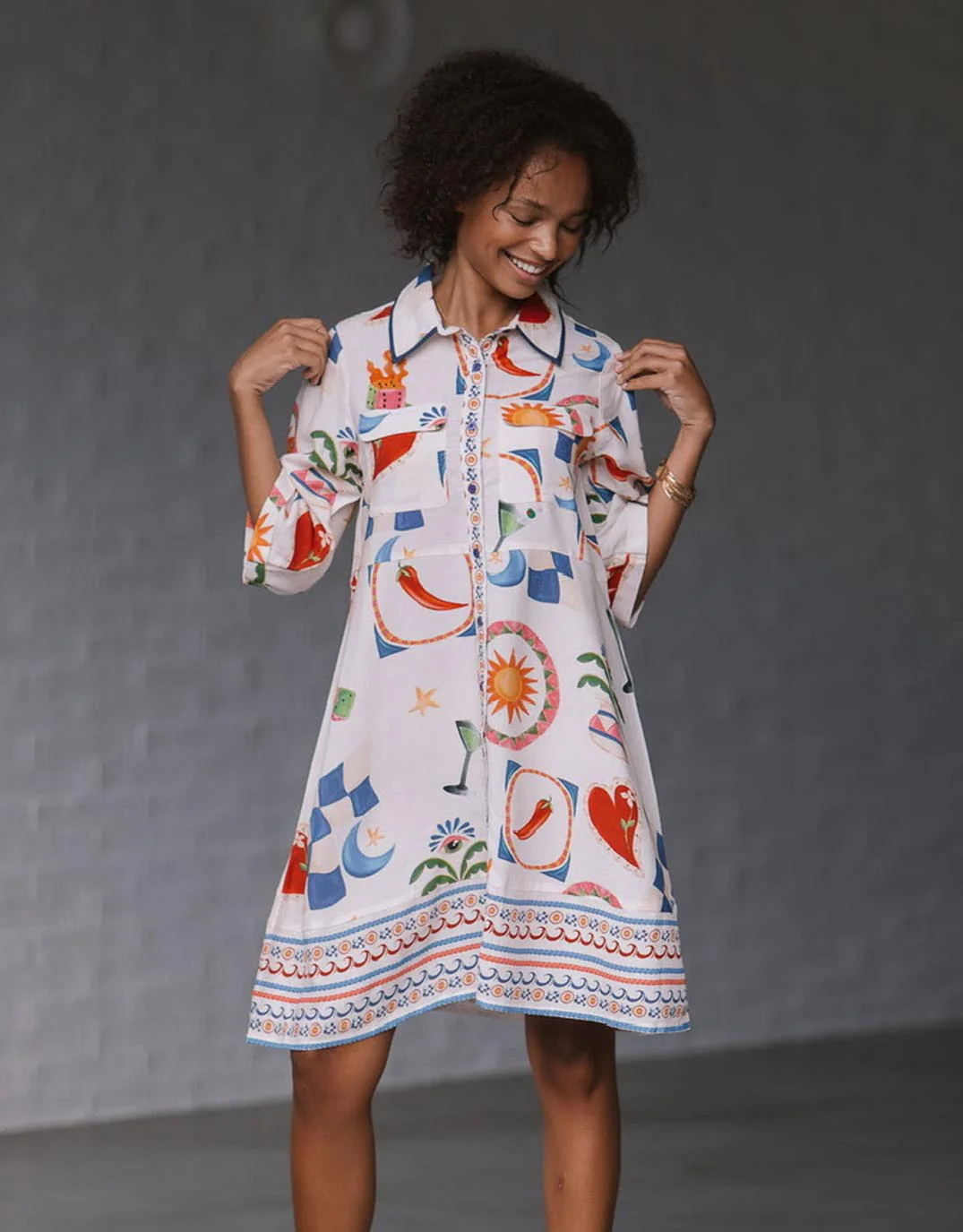 Spicy Margarita Shirt Dress - White/Red/Cobalt Multi - Image 2