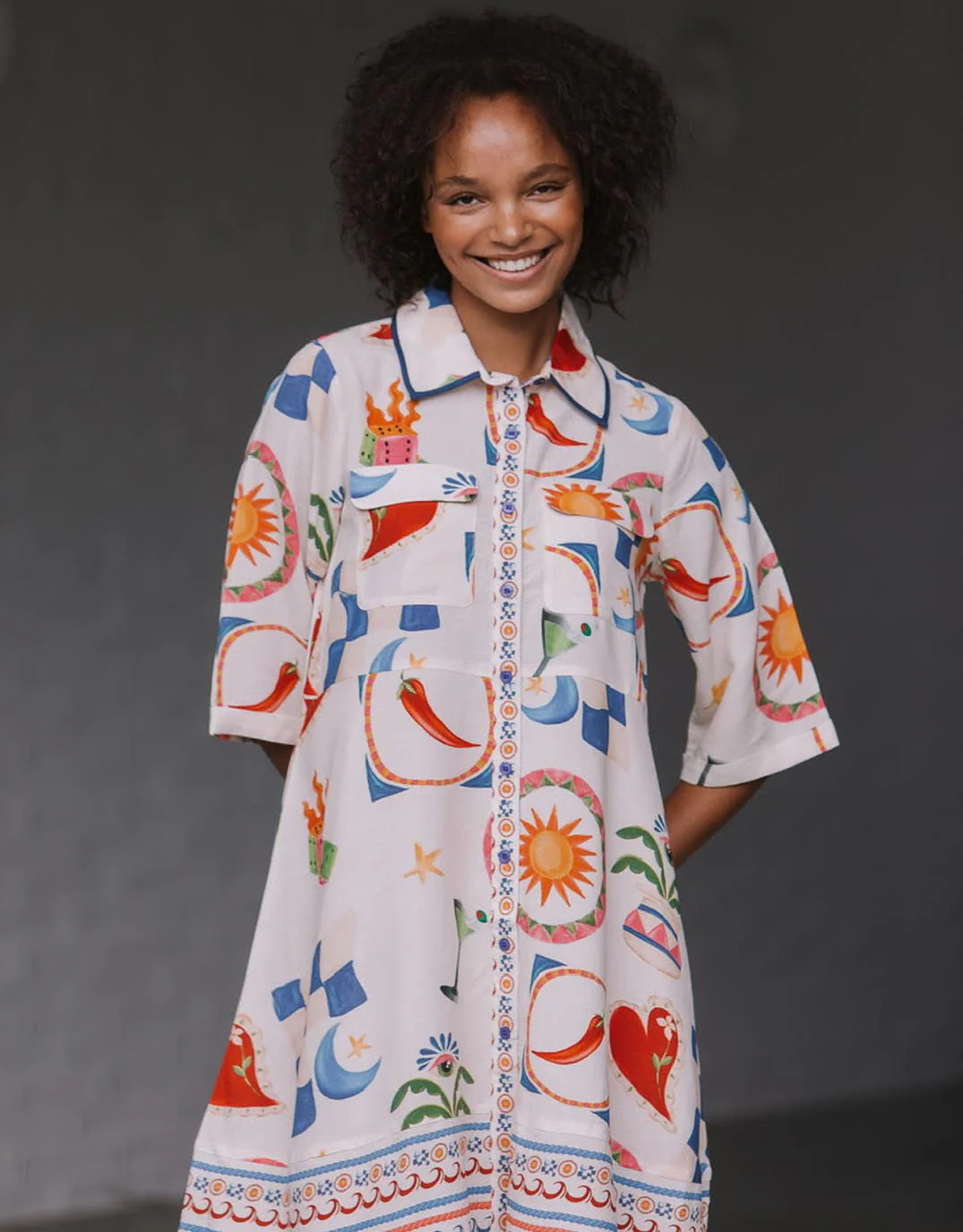 Spicy Margarita Shirt Dress - White/Red/Cobalt Multi - Image 3