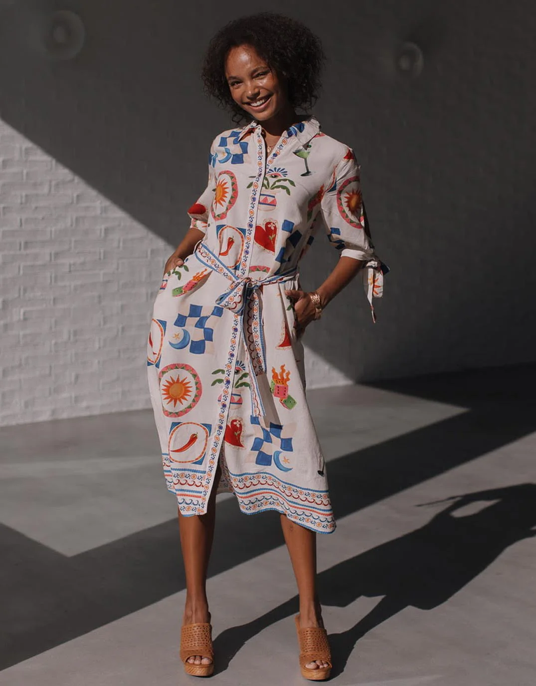 Spicy Margarita Tie Shirt Dress - White/Red/Cobalt Multi - Image 3