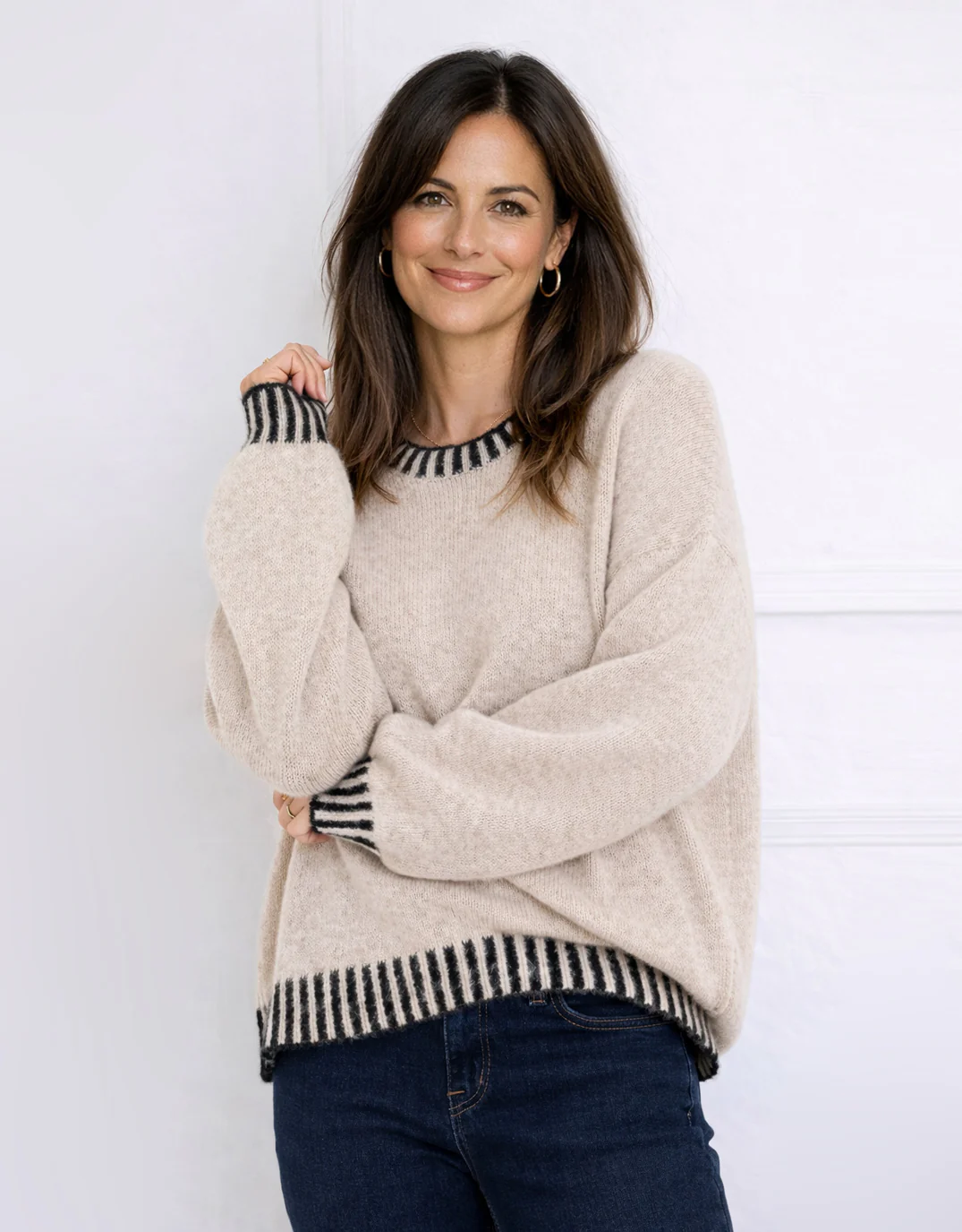 Tilly Wool Blend Crew Neck Knit - Latte/Choc - Image 2