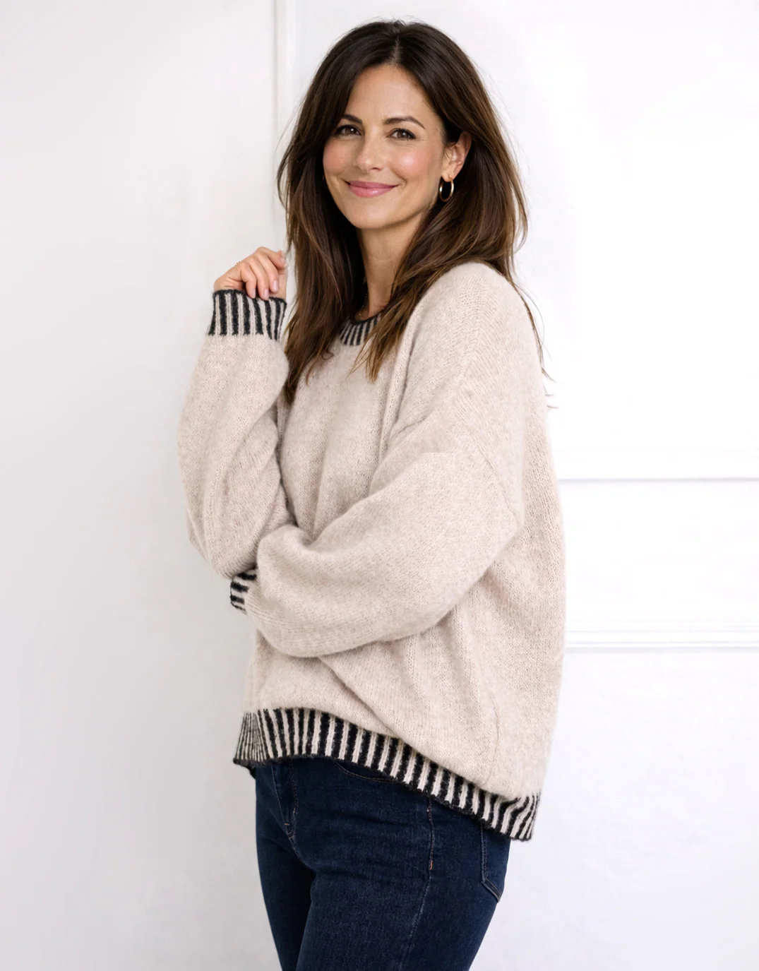 Tilly Wool Blend Crew Neck Knit - Latte/Choc - Image 3