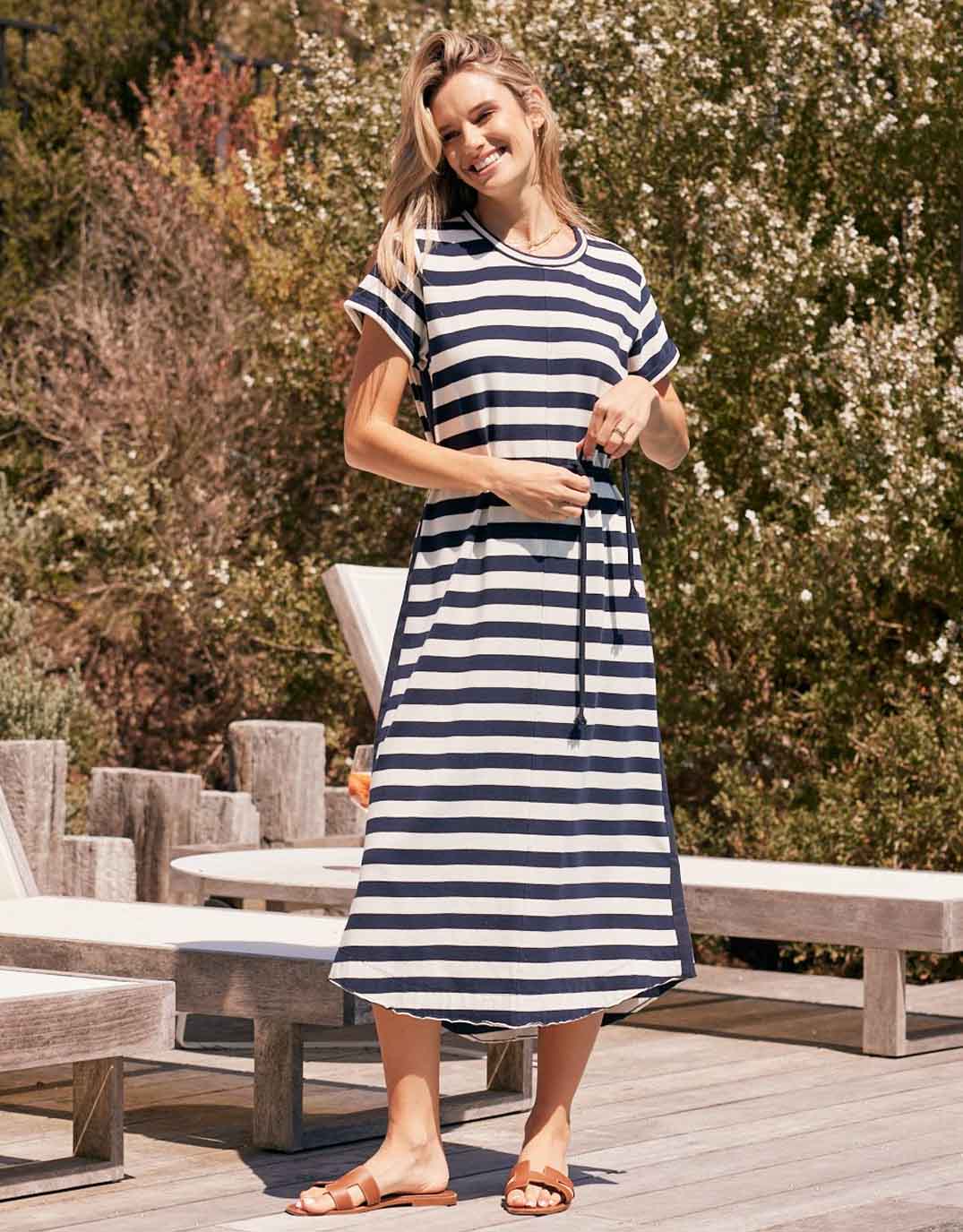 Turn Back Tee Midi Dress - Navy / White Stripe