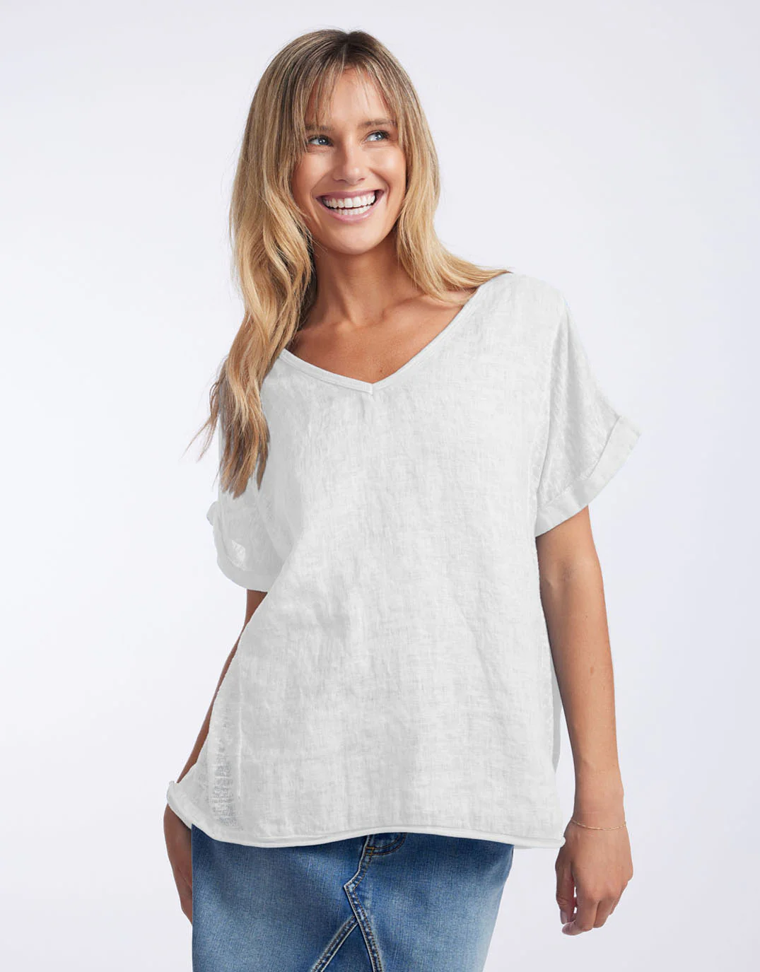 V Neck Calypso Linen Short Sleeve Top - White - Image 3