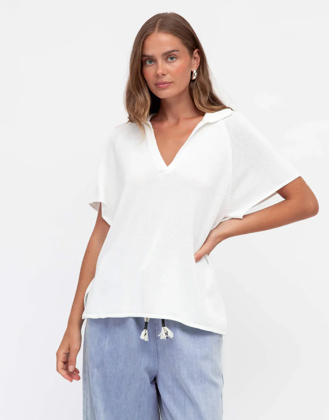 V-Neck Collared Knit Top - White