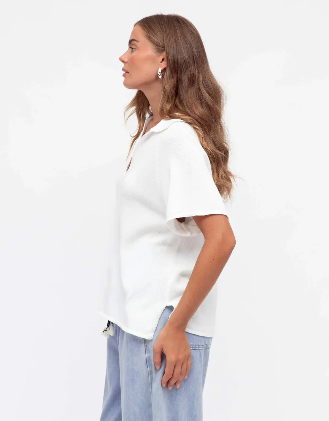 V-Neck Collared Knit Top - White - Image 2