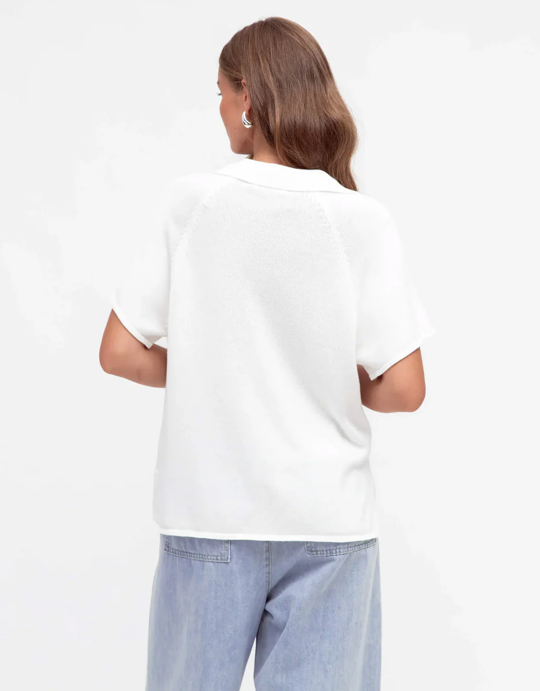 V-Neck Collared Knit Top - White - Image 3