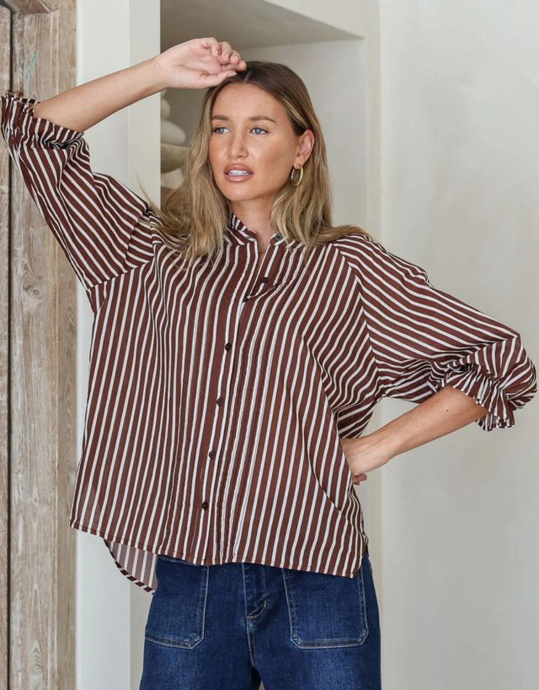 Verona Puff Sleeve Shirt - Chocolate/White - Image 2