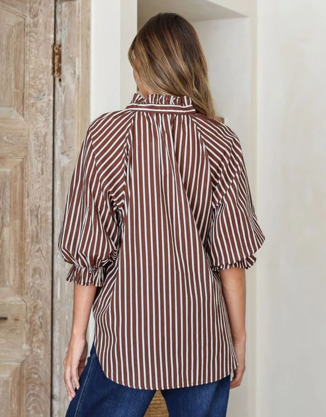 Verona Puff Sleeve Shirt - Chocolate/White - Image 4