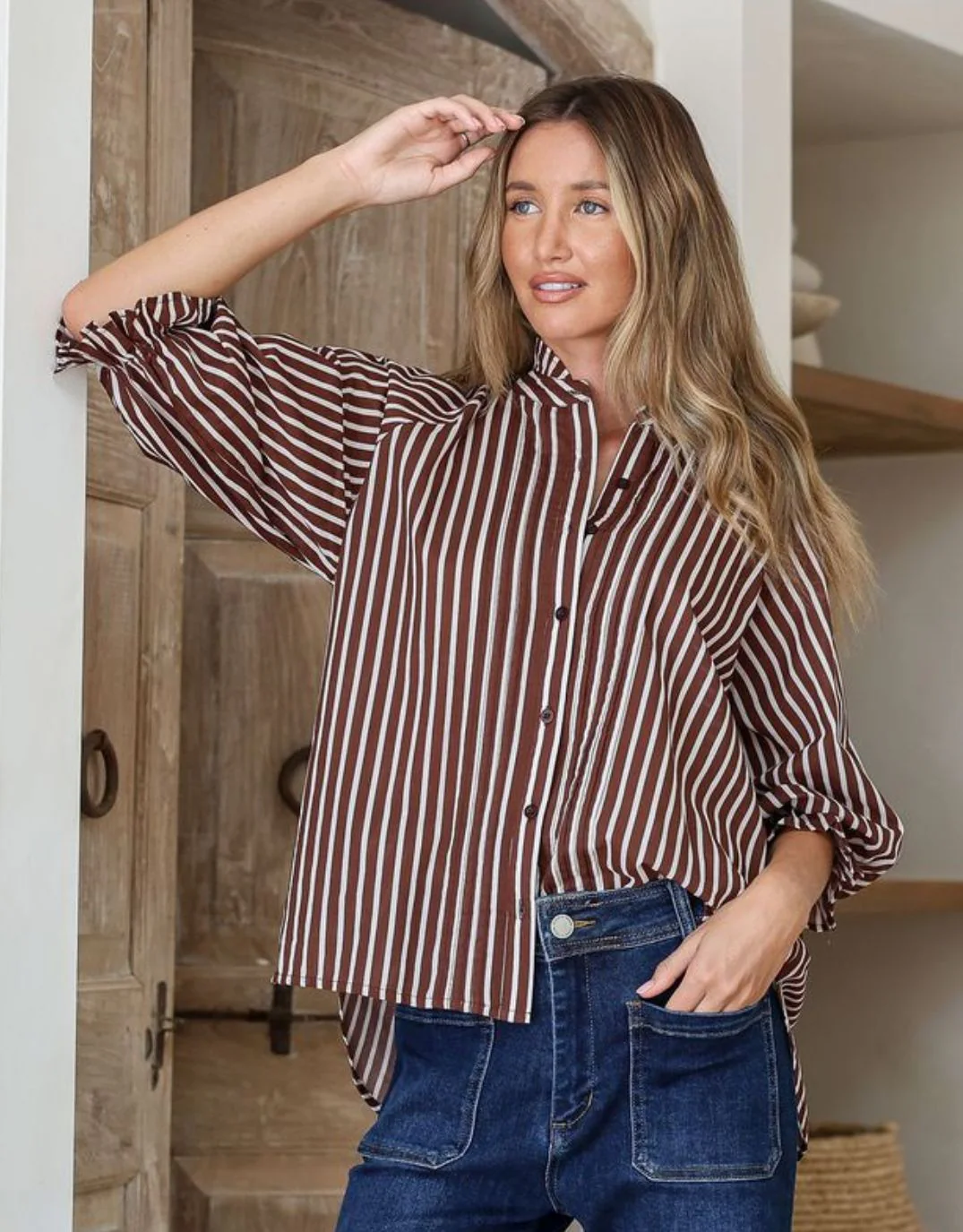 Verona Puff Sleeve Shirt - Chocolate/White - Image 6