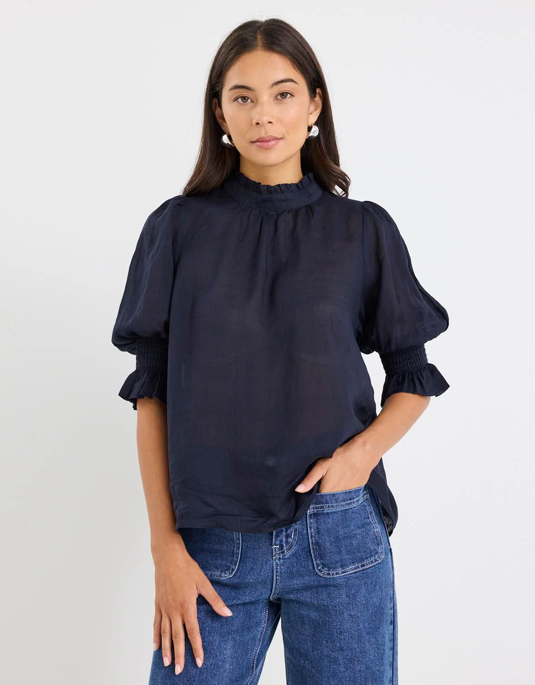 Verse Sheer High Neck Short Sleeve Top - Navy
