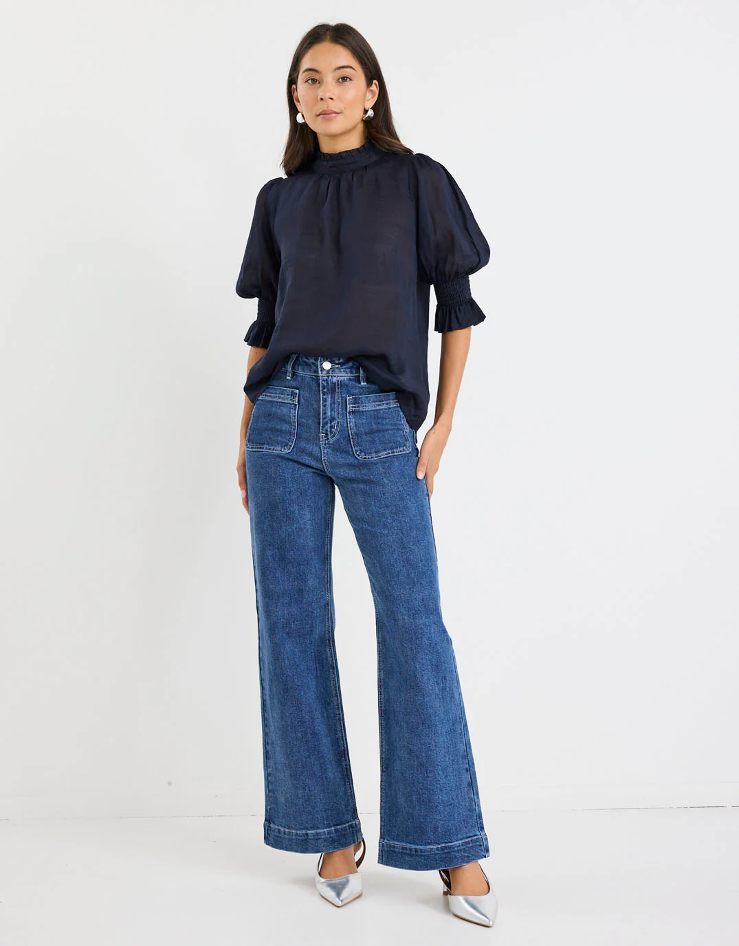 Verse Sheer High Neck Short Sleeve Top - Navy - Image 2