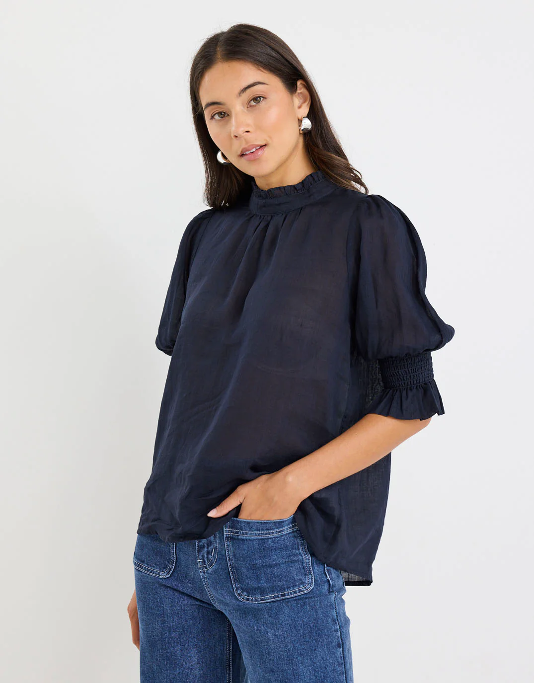Verse Sheer High Neck Short Sleeve Top - Navy - Image 3