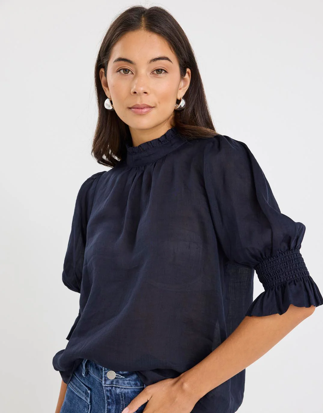 Verse Sheer High Neck Short Sleeve Top - Navy - Image 4