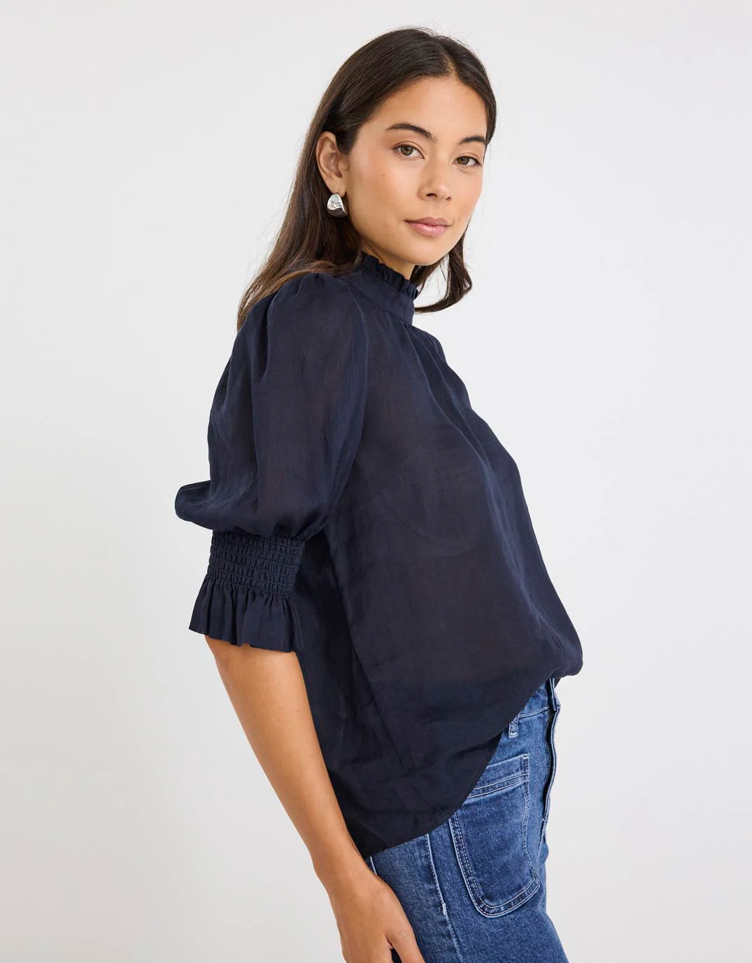 Verse Sheer High Neck Short Sleeve Top - Navy - Image 5