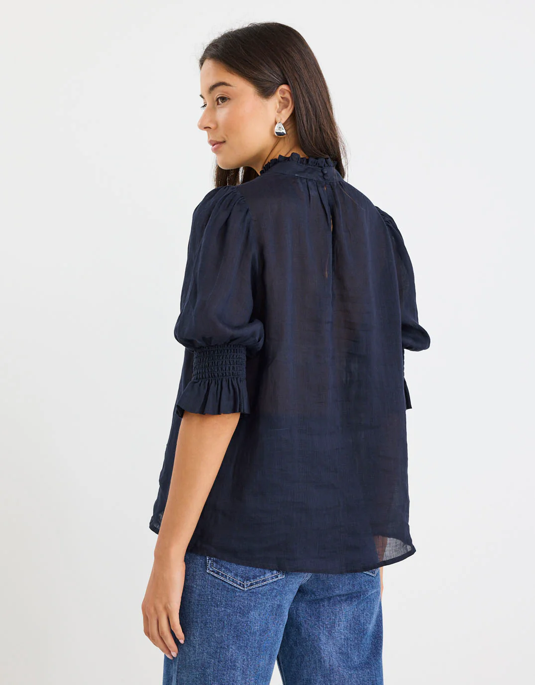 Verse Sheer High Neck Short Sleeve Top - Navy - Image 6