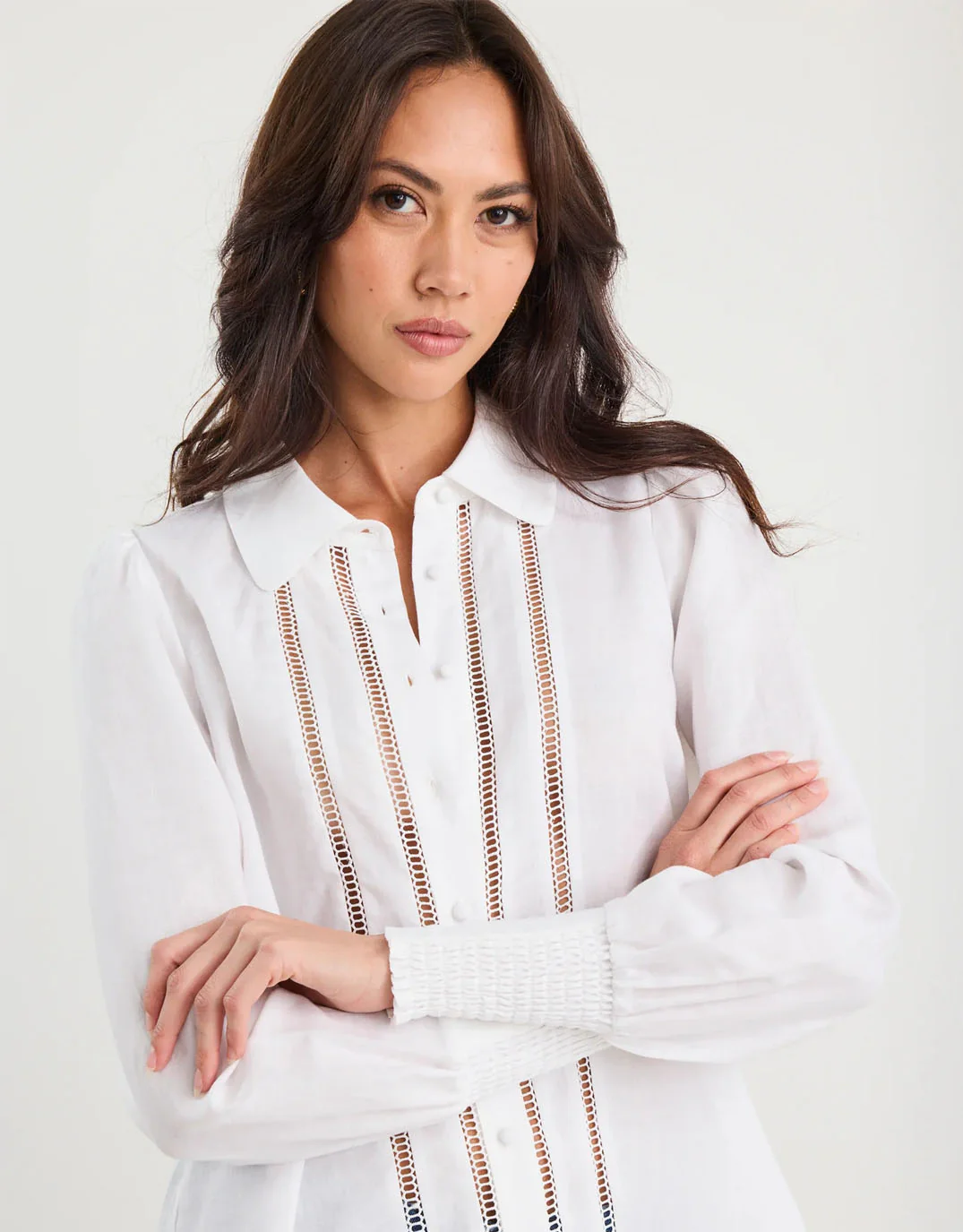 Zinnia Lace Trim Long Sleeve Shirt - White - Image 4